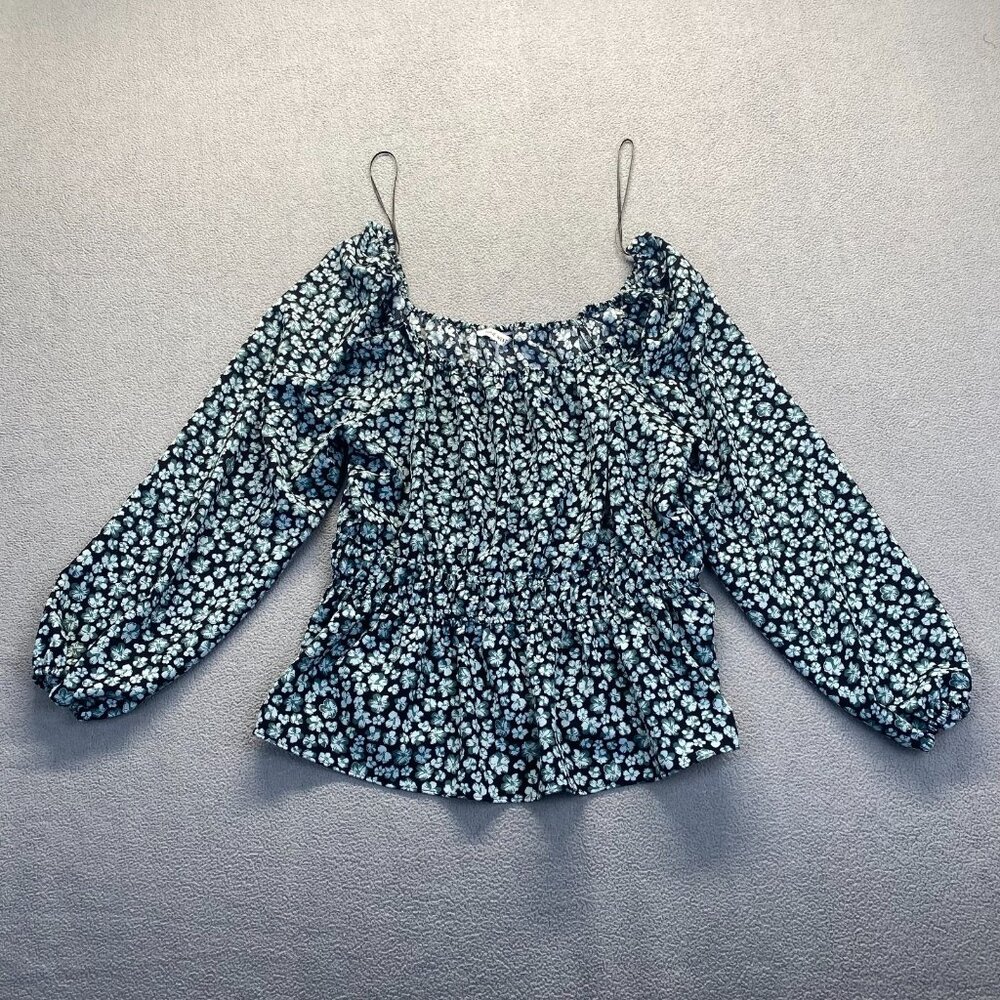 NINE WEST Fashion Top Size XL Long Sleeves Square Neck Peplum Blouse Black/Green - Picture 9 of 9